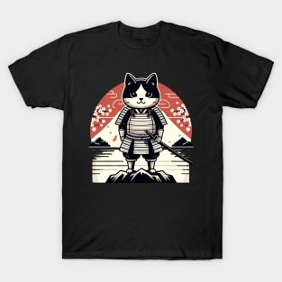 Kawaii Cat Anime Japanese Retro Samurai Novelty Funny Cat T-Shirt